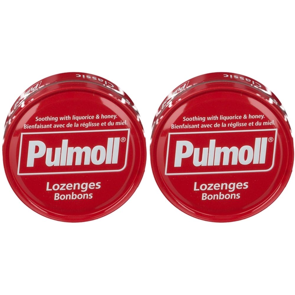 Deux boîtes rouges avec le texte Pulmoll en blanc. Texte: Lozenges Bonbons. En haut: Soothing with liquorice & honey. Bienfaisant avec de la réglisse et du miel.