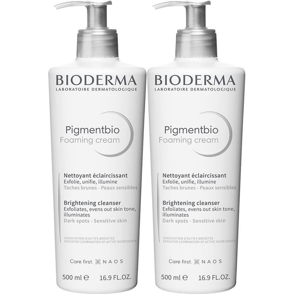 Deux flacons blancs avec pompe. Inscription: BIODERMA, Pigmentbio Foaming cream, Brightening cleanser. 500 ml.
