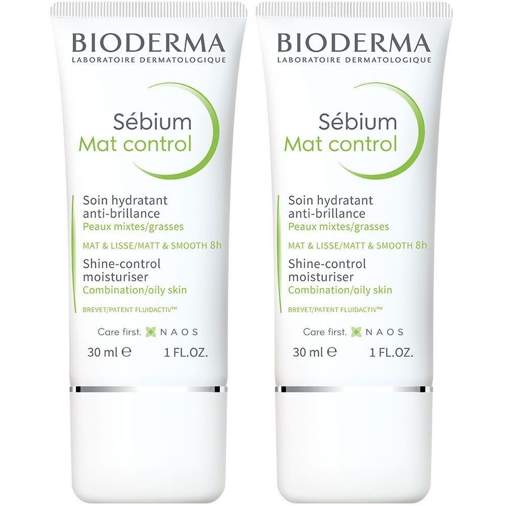 Deux tubes de BIODERMA Sébium Mat control. Tubes blancs avec texte et logo verts. Contient 30 ml.