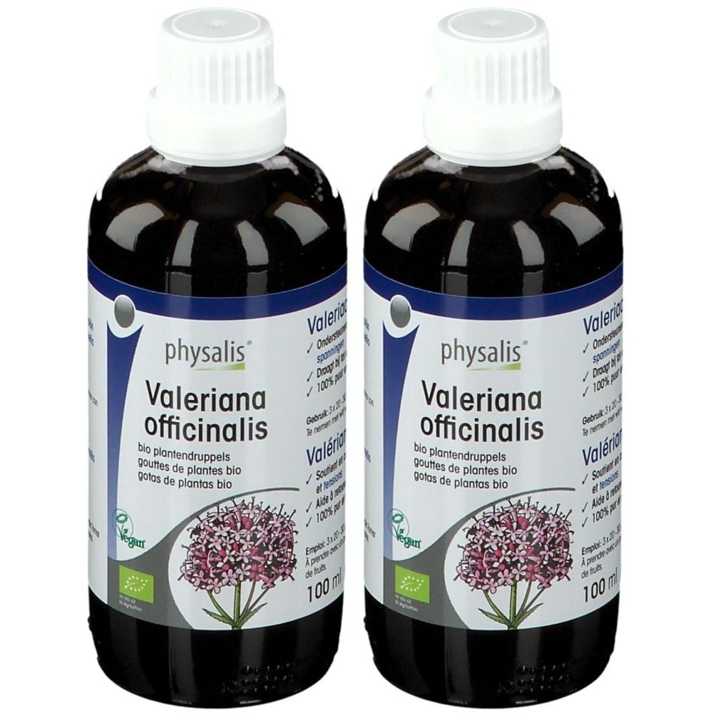 Deux flacons avec bouchon blanc et étiquette bleue. Inscription : physalis Valeriana officinalis. Gouttes de plantes bio. 100 ml.