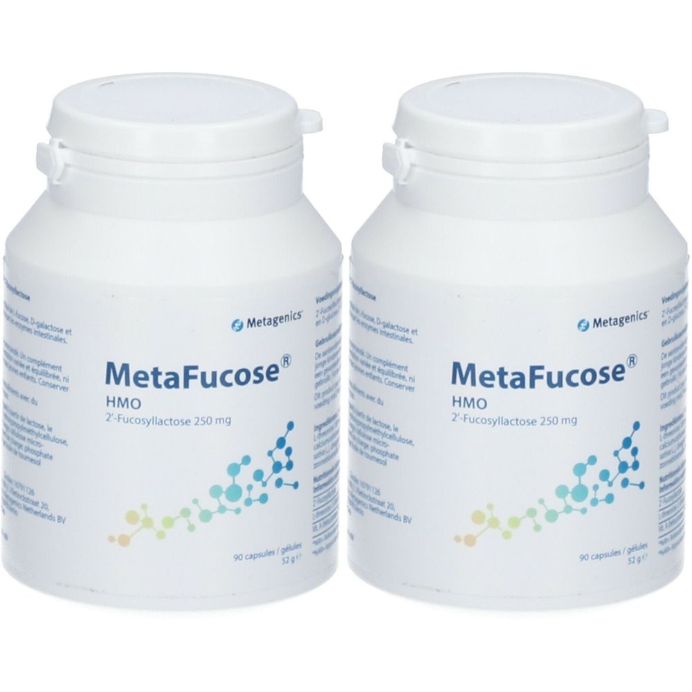 Deux flacons blancs MetaFucose. Inscription: HMO, 2-fucosyllactose 250 mg. 90 gélules. Marque Metagenics.
