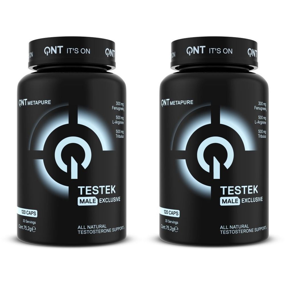 Deux flacons noirs TESTEK. Inscriptions: QNT, METAPURE, MALE EXCLUSIVE, ALL NATURAL TESTOSTERONE SUPPORT. Contient 120 capsules.