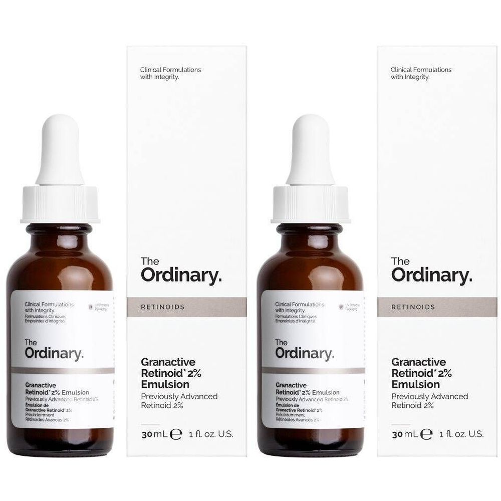Deux flacons avec pipette et emballage. Inscription: The Ordinary, Granactive Retinoid 2% Emulsion. 30 ml.