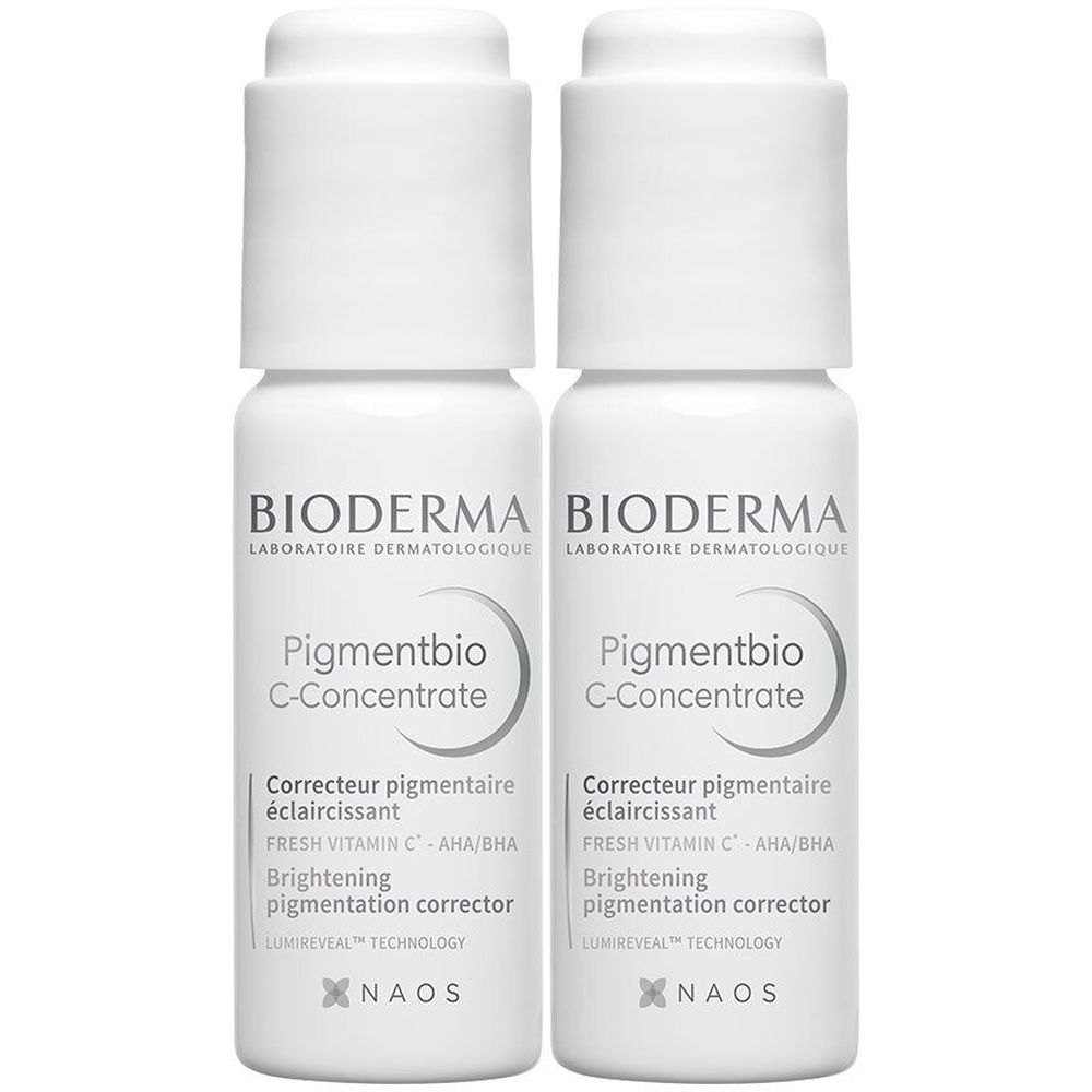 Deux flacons blancs avec bouchons blancs. Inscription: BIODERMA, Pigmentbio C-Concentrate, Correcteur pigmentaire éclaircissant.