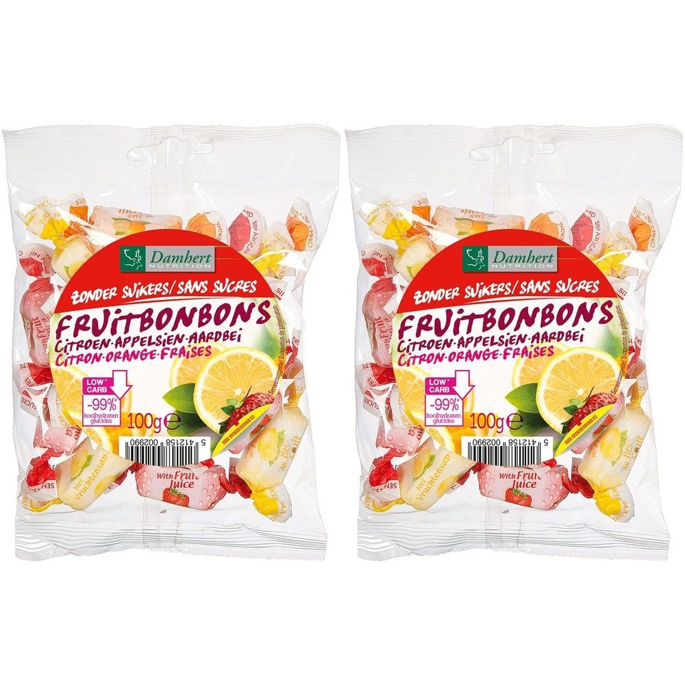 Deux paquets de bonbons aux fruits Damhert. Inscription : Zonder Suikers/Sans Sucres. Saveurs : citron, orange, fraise. 100g.
