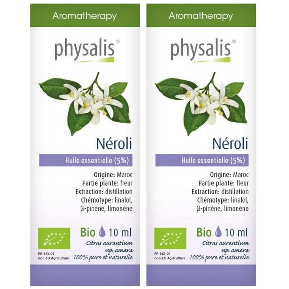 Deux flacons d'huile essentielle Physalis Néroli. Inscription : Bio, 10 ml, 100% pure et naturelle. Illustration de fleurs et de feuilles.