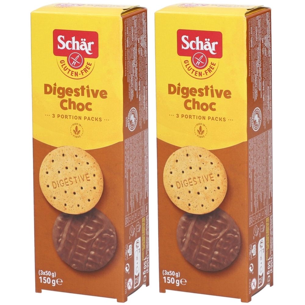 Deux boîtes de Schär Digestive Choc. Chaque boîte montre des biscuits. Logo sans gluten.