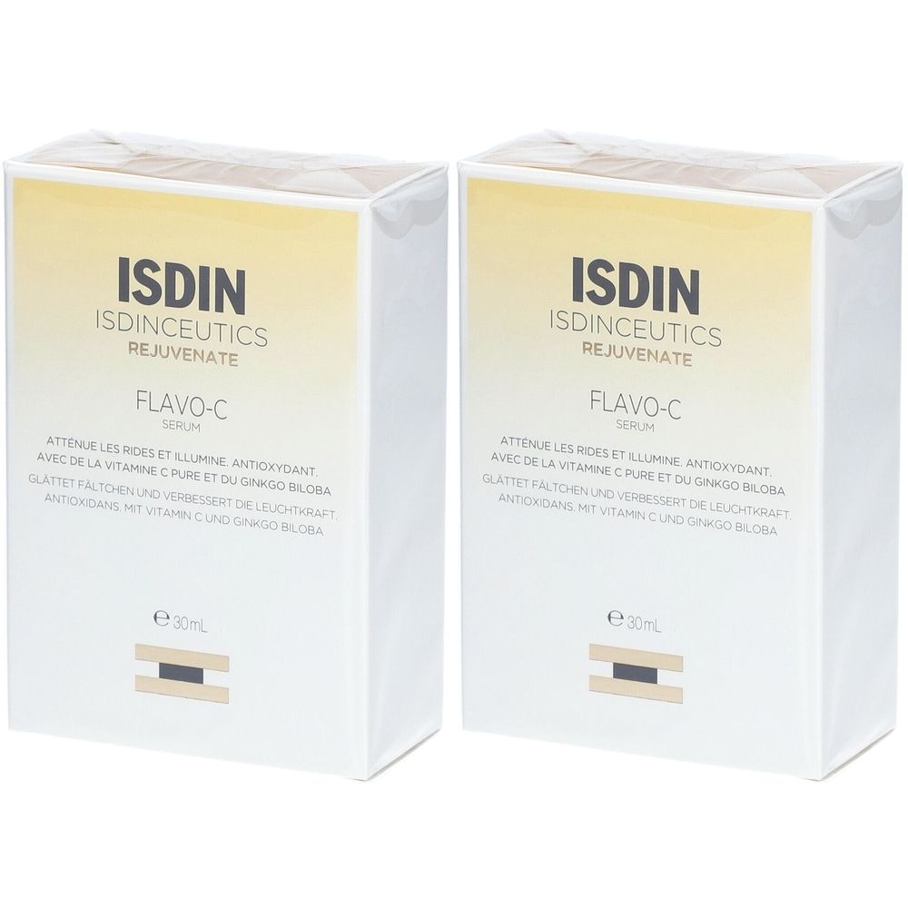 Deux boîtes blanches avec le logo ISDIN et le nom du produit Flavo-C. Texte en plusieurs langues.