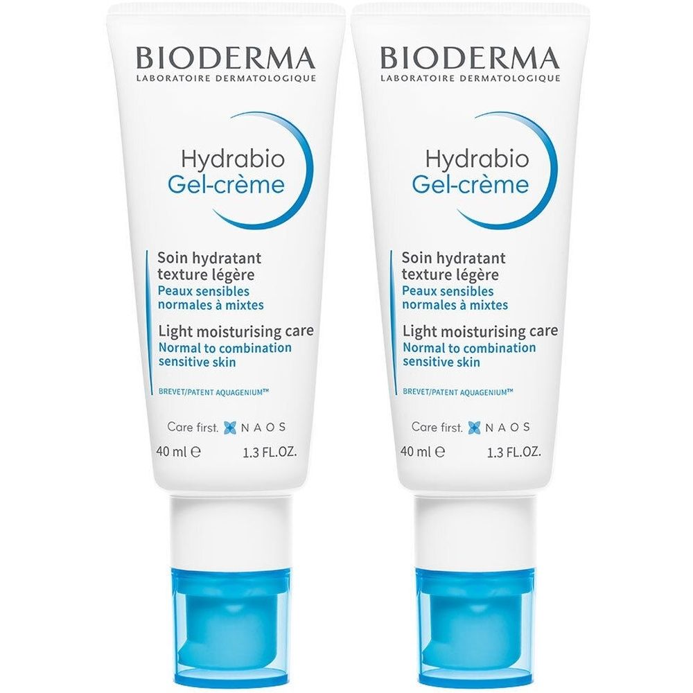 Deux tubes de Bioderma Hydrabio Gel-crème. Tubes blancs avec texte bleu et bouchon bleu. Texte: Soin hydratant texture légère.