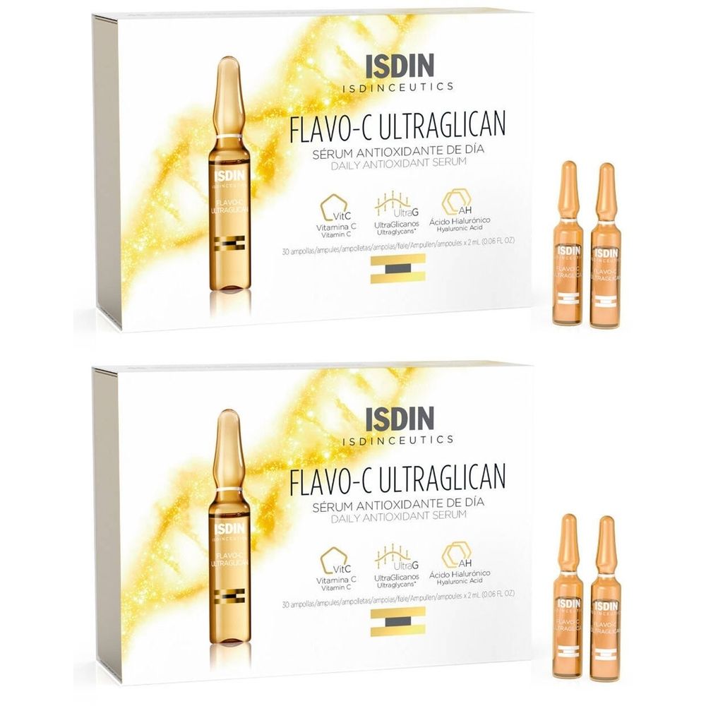 Deux boîtes de sérum ISDIN Flavo-C Ultraglican. À côté, deux ampoules chacune. Inscription : Sérum Antioxidant de Día.