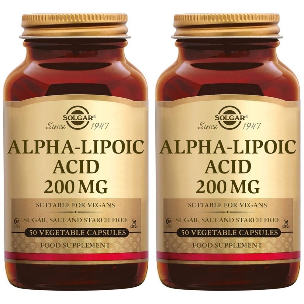 Deux flacons de SOLGAR Alpha-Lipoic Acid 200 mg. Inscription : "Convient aux végétaliens", "Sans sucre, sel et amidon", "50 gélules végétales".