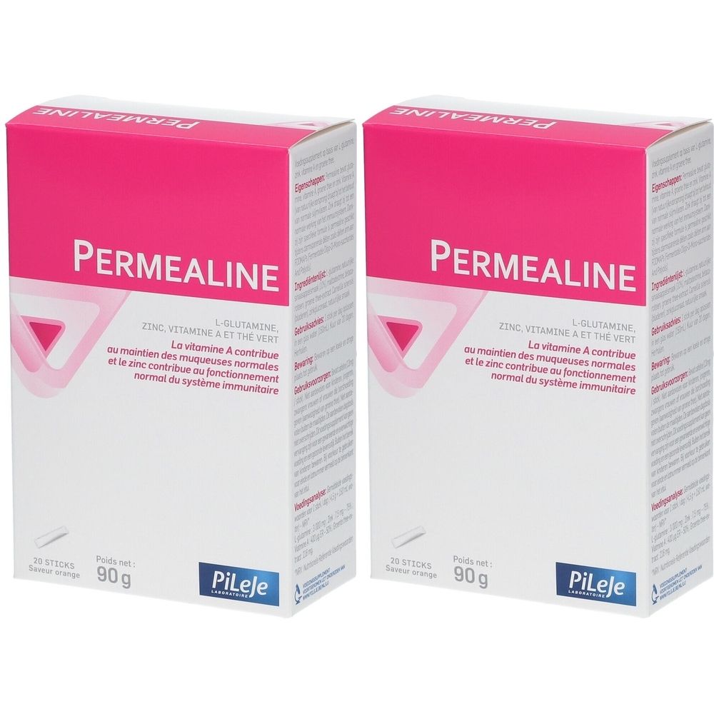 Deux boîtes de Permealine. Emballage rose et blanc avec nom et ingrédients. Marque Pileje en bas à droite.