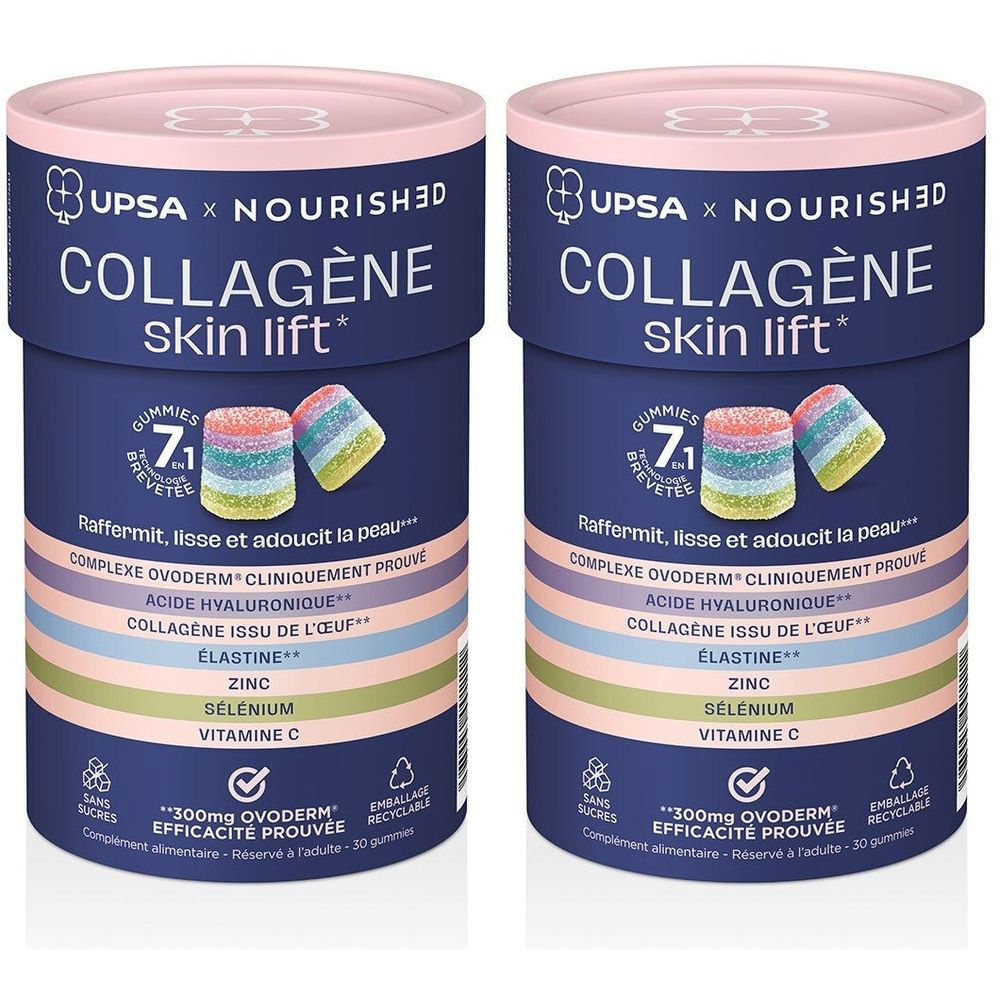 Deux boîtes cylindriques. Inscription: COLLAGÈNE skin lift. Gummies représentés. Texte: 7en1, 300mg OVODERM. Emballage recyclable.