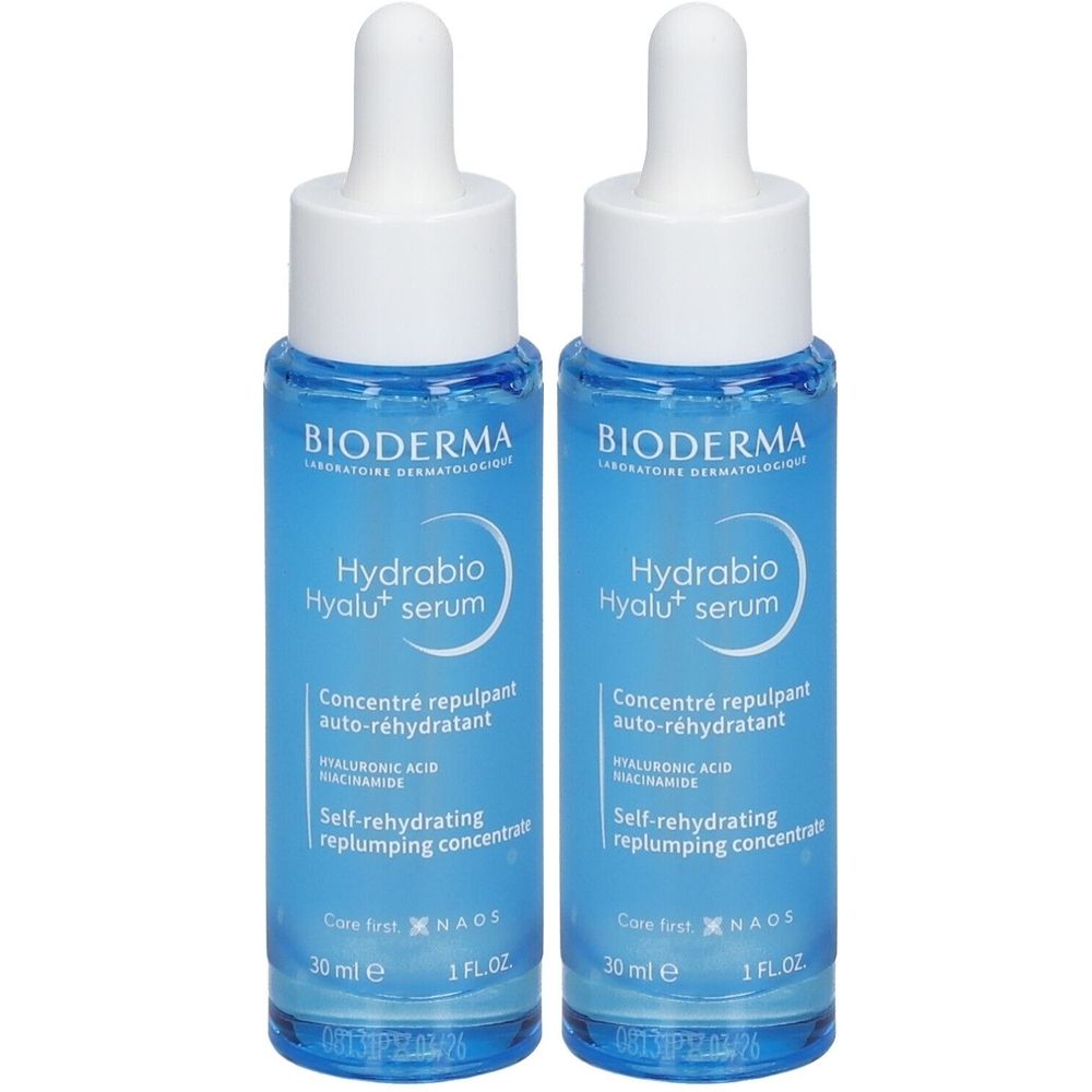 Deux flacons bleus BIODERMA Hydrabio Hyalu+ Sérum avec pipettes blanches. Inscription: Concentré repulpant auto-réhydratant.