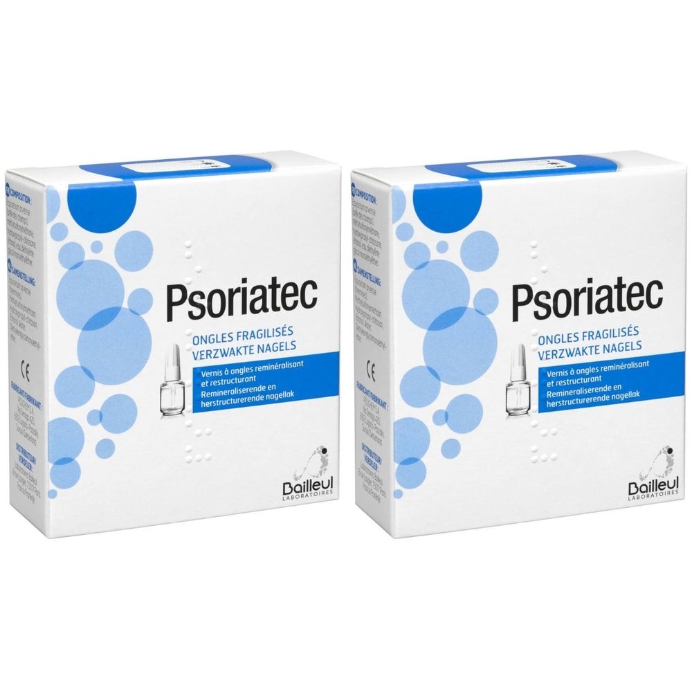 Deux boîtes blanches avec design bleu. Inscription: Psoriatec Ongles Fragilisés. Logo: flacon avec pinceau.