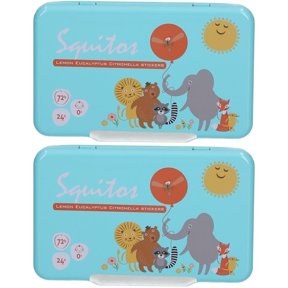 Deux boîtes bleu clair avec des dessins d'animaux et le mot Squitos. Inscription : Lemon Eucalyptus Citronella Stickers.