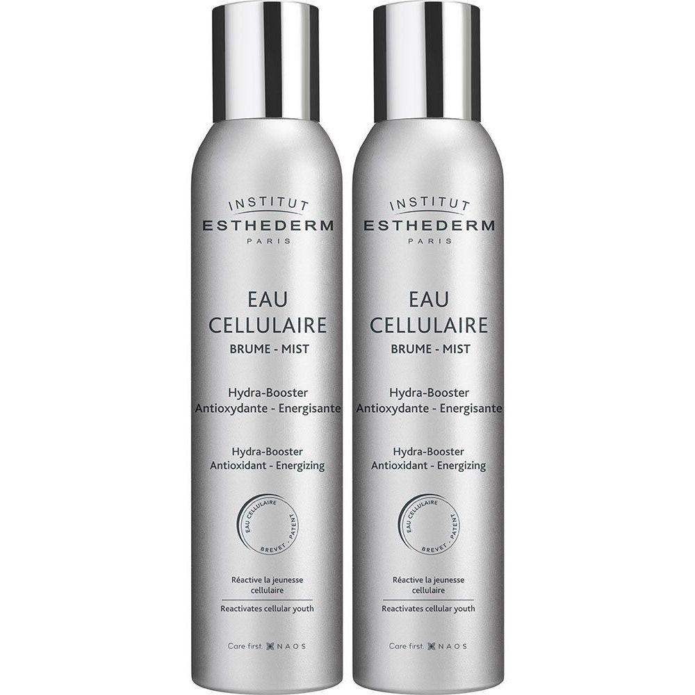 Deux flacons spray argentés. Inscriptions: INSTITUT ESTHEDERM PARIS, EAU CELLULAIRE, BRUME-MIST. Hydra-Booster, antioxydant.