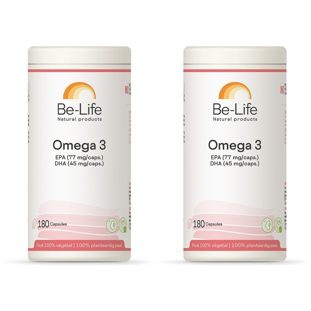 Deux boîtes cylindriques avec "Be-Life Omega 3". Inscription : EPA, DHA, 180 capsules. Végétal.