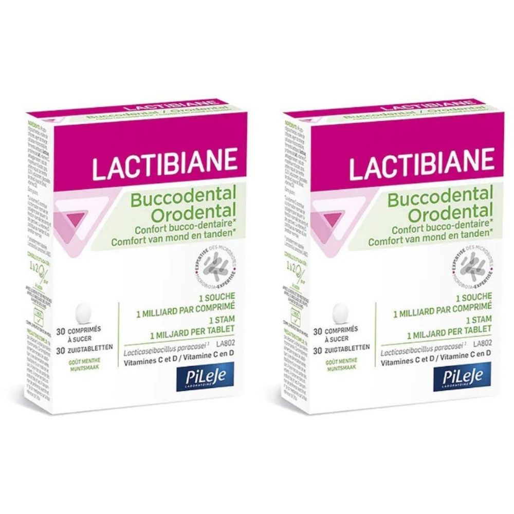Deux boîtes de LACTIBIANE Buccodental Orodental. Inscription : 30 comprimés, 1 milliard par comprimé. Marque : PiLeje.