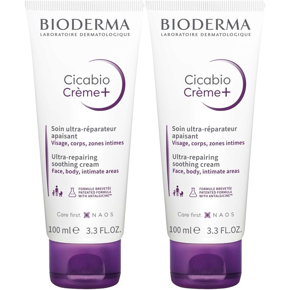 Deux tubes de crème BIODERMA Cicabio Crème+. Blanc et violet. Inscriptions en français et anglais. 100 ml. Soin ultra-réparateur apaisant.