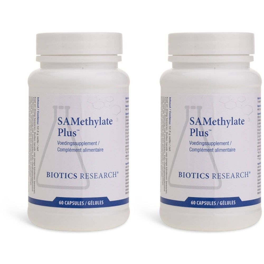 Deux flacons blancs avec bouchons à vis. Chaque flacon porte l'inscription "SAMethylate Plus", "BIOTICS RESEARCH" et "60 CAPSULES/GELULES".