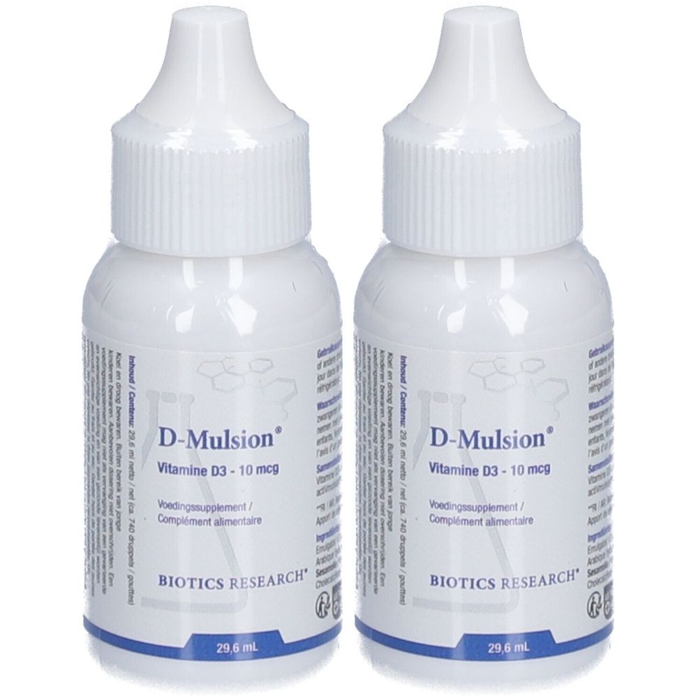 Deux flacons blancs avec bouchon compte-gouttes. Inscription : D-Mulsion, Vitamine D3 - 10 mcg. Marque : BIOTICS RESEARCH. Contenu : 29,6 ml.