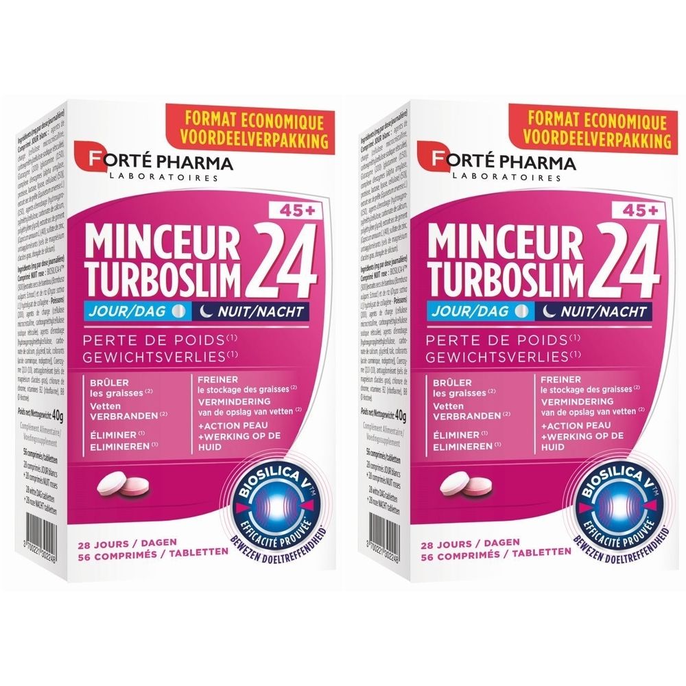 Deux boîtes de Forté Pharma Minceur Turboslim 24. Emballage rose et blanc avec informations et comprimés.