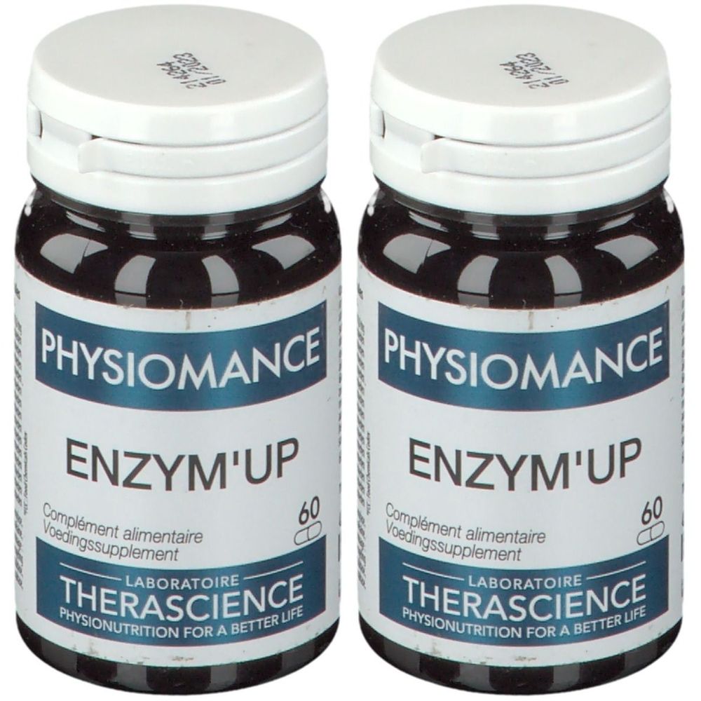 Deux flacons de PHYSIOMANCE ENZYM'UP. Flacons noirs avec bouchons blancs. Inscription: ENZYM'UP, 60 capsules, Laboratoire Therascience.