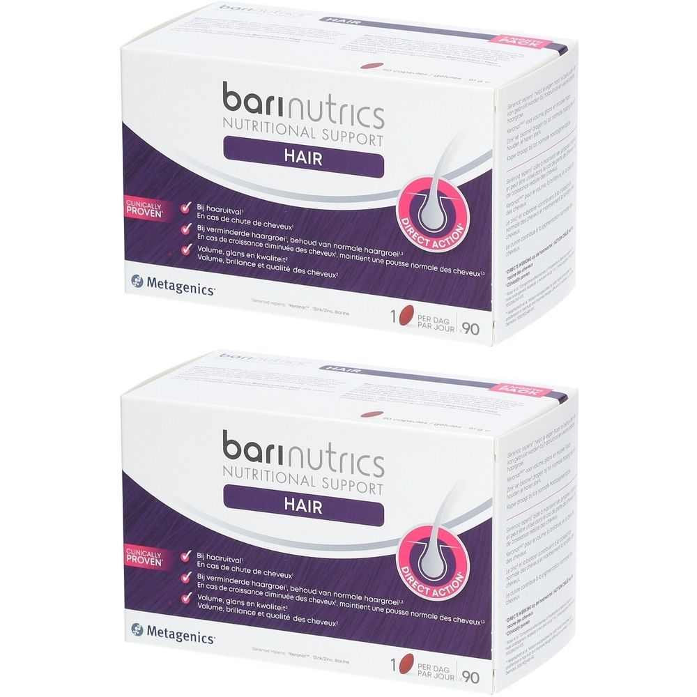Deux boîtes blanches "barinutrics HAIR". Inscriptions : "NUTRITIONAL SUPPORT", "DIRECT ACTION" et "Metagenics".