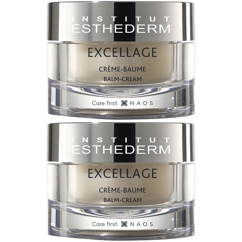 Deux pots de crème-baume. Inscription : INSTITUT ESTHEDERM EXCELLAGE CRÈME-BAUME BALM-CREAM. Couvercle argenté, pot transparent.