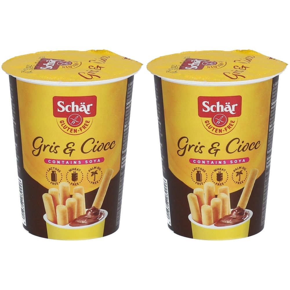 Deux gobelets de Schär Gris & Ciocc. Couvercle jaune, gobelet gris. Inscription : sans gluten, contient du soja. Illustration : bâtonnets de biscuits avec sauce au chocolat.