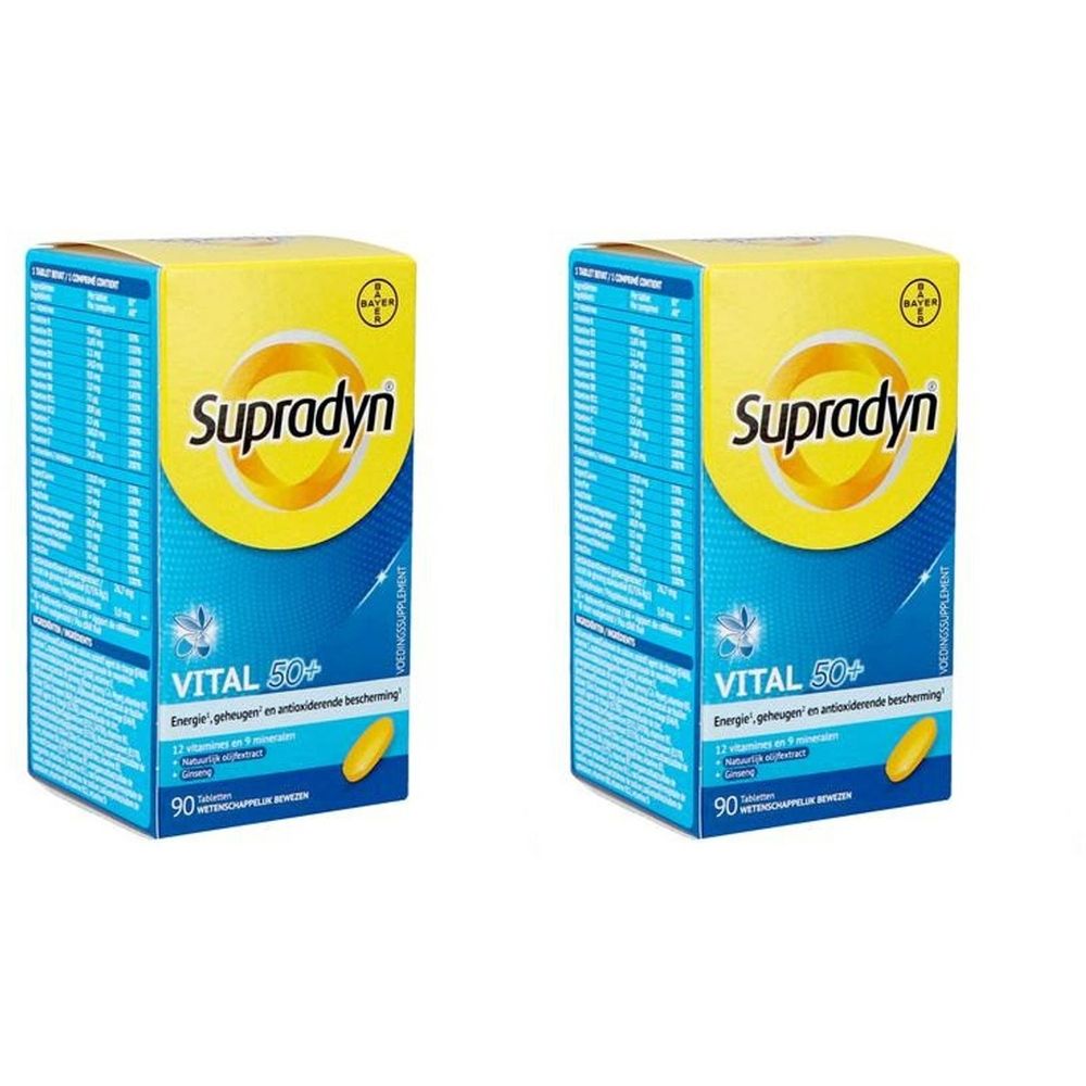Deux boîtes de Supradyn Vital 50+. Emballage bleu et jaune avec informations et logo. Contient 90 comprimés.