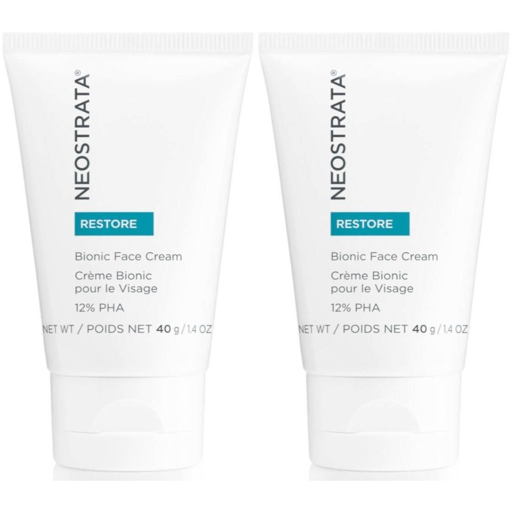 Deux tubes blancs avec texte bleu. Inscription: NEOSTRATA, RESTORE, Bionic Face Cream, 12% PHA. Poids net 40 g.