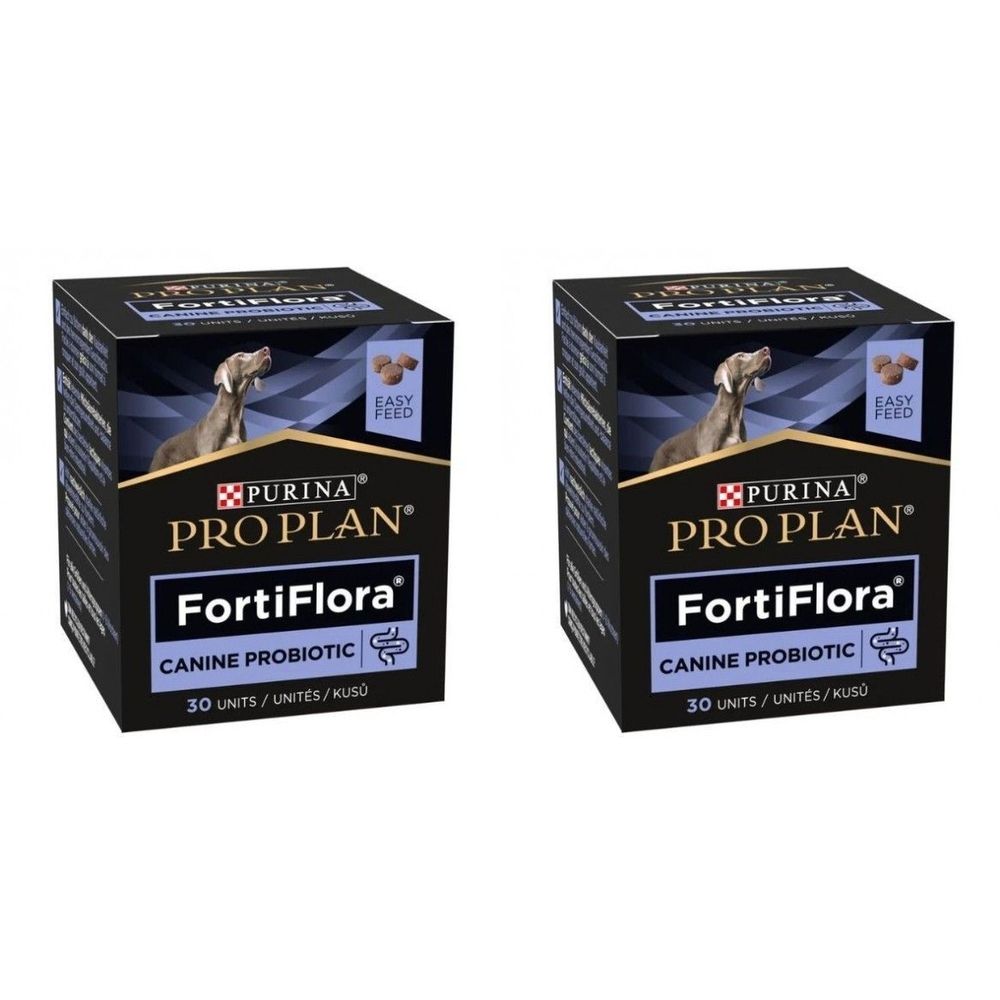 Zwei quadratische Kartons mit "PRO PLAN FortiFlora Canine Probiotic". Aufdruck: Hund, Futter, 30 Einheiten. Schwarzer Hintergrund.