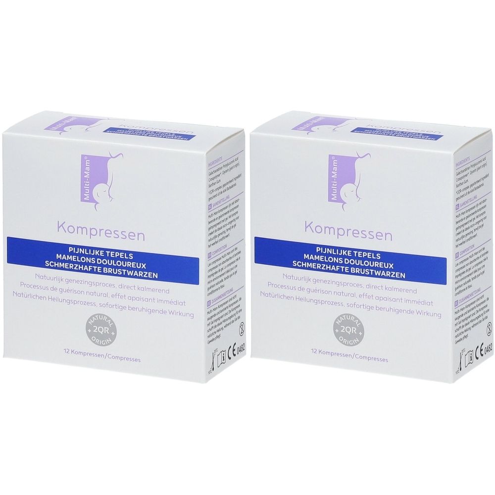 Deux boîtes blanches de compresses. Inscriptions en bleu, logo avec femme allaitant. Textes en allemand, néerlandais et français. 12 compresses.