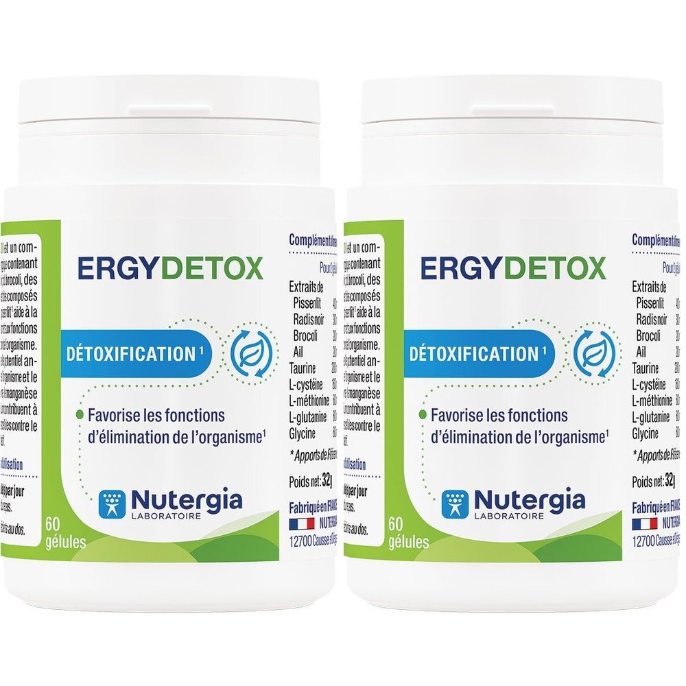 Deux flacons blancs avec étiquette verte. Inscription ERGYDETOX, DETOXIFICATION, Nutergia Laboratoire. Contient 60 gélules.