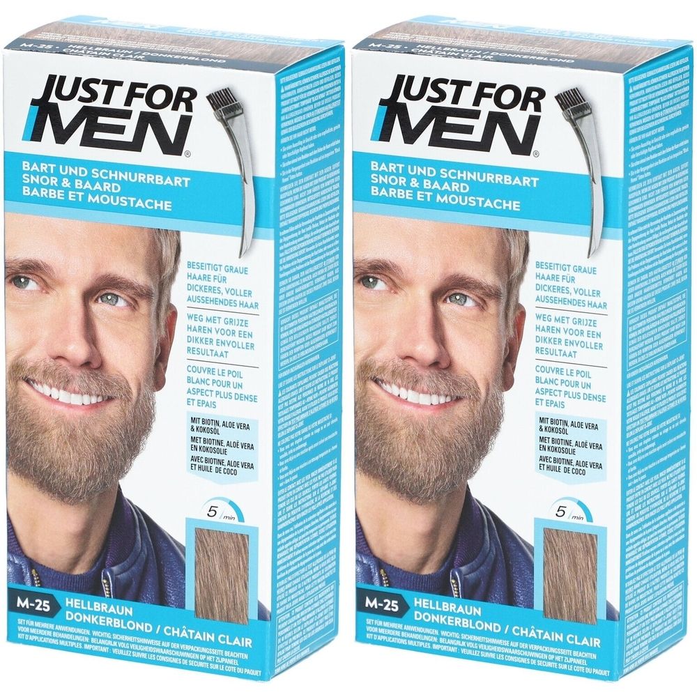 Deux boîtes de coloration pour barbe et moustache JUST FOR MEN®. Inscription : M-25 Châtain clair. Image d'un homme avec une barbe.