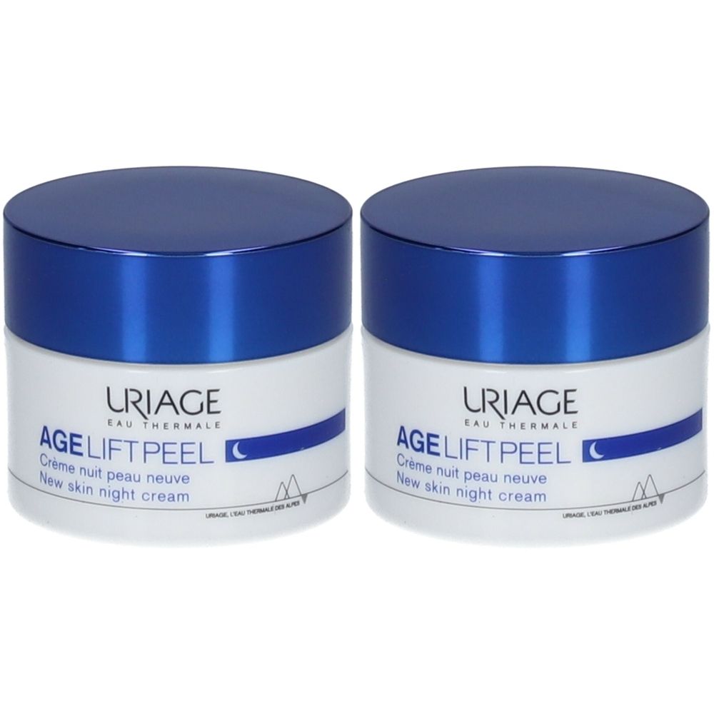 Deux pots de crème avec couvercles bleus. Inscription : URIAGE, AGE LIFT PEEL, Crème nuit peau neuve, New skin night cream.
