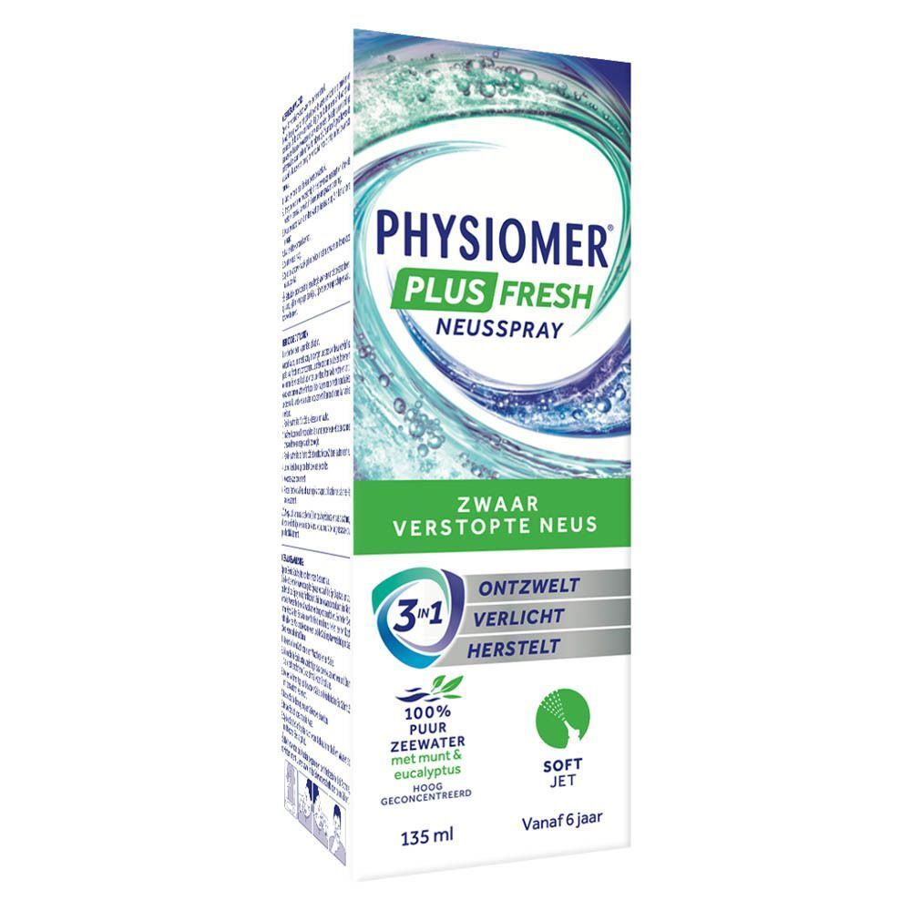 Verpakking van Physiomer Plus Fresh neusspray 135ml, voor zwaar verstopte neus.