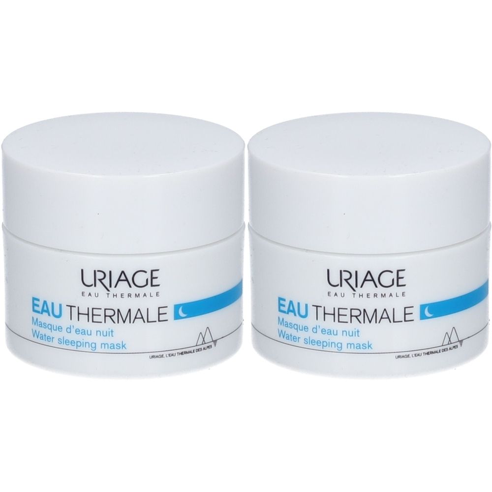 Deux pots blancs avec couvercles. Sur le devant, URIAGE EAU THERMALE, suivi de Masque d'eau nuit et Water sleeping mask.