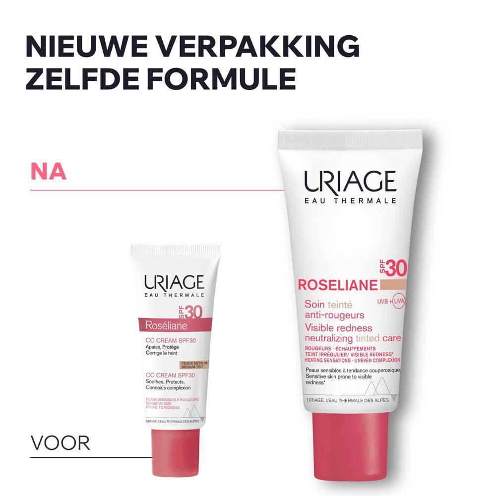 Voor-en-na vergelijking. Twee tubes Uriage Roséliane. Tekst: Nieuwe verpakking, zelfde formule.