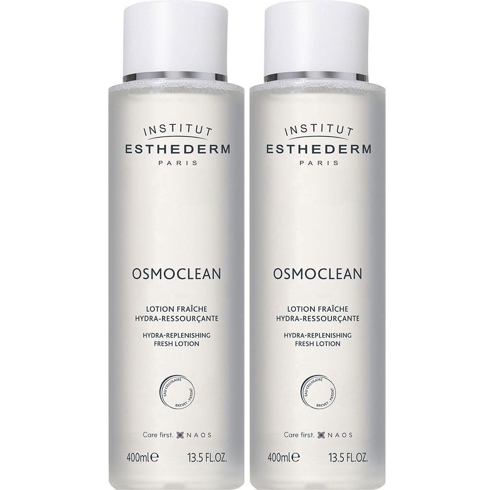 Deux flacons de lotion Osmoclean. Bouchon blanc, bague argentée. Inscriptions: Institut Esthederm, Osmoclean, 400ml.
