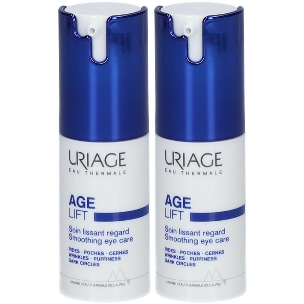 Deux flacons cylindriques bleus et blancs. Inscription: URIAGE, AGE LIFT, Soin lissant regard, Smoothing eye care. Contre rides, poches, cernes.