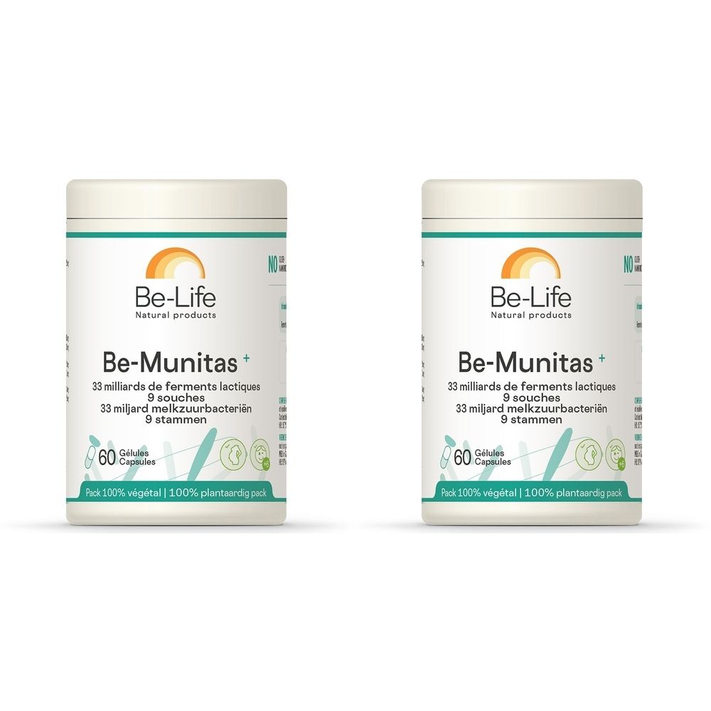Deux boîtes blanches "Be-Life Be-Munitas+". Inscriptions avec informations sur les ingrédients et le nombre de gélules.