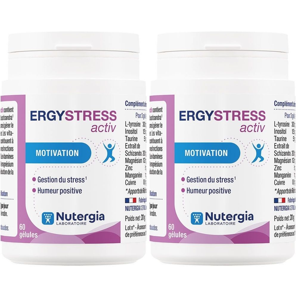 Deux flacons blancs avec étiquettes. Inscription: ERGYSTRESS activ, Motivation. Marque: Nutergia. 60 gélules.