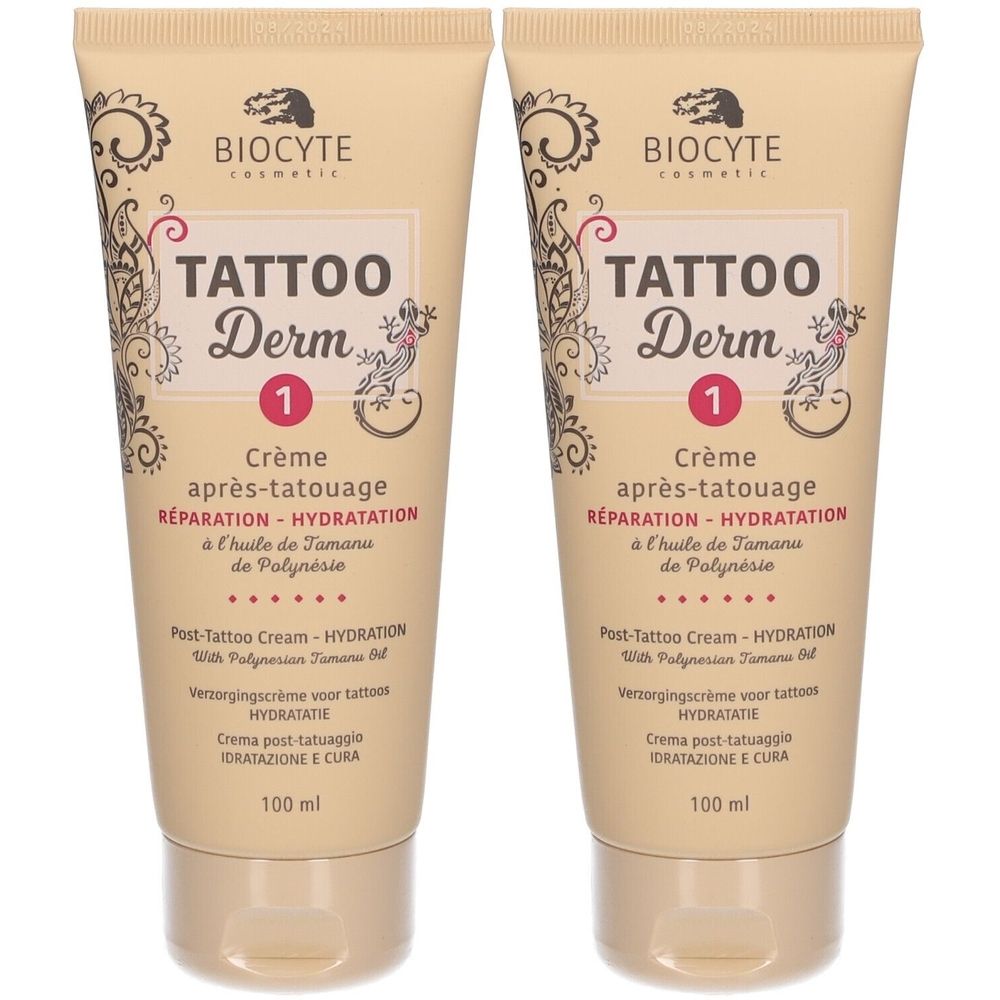 Deux tubes de crème. Inscription: Tattoo Derm 1, Crème après-tatouage, Réparation-Hydratation. Marque: Biocyte.
