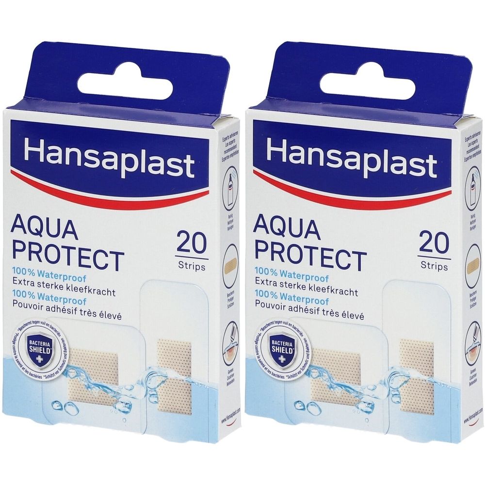 Deux boîtes de pansements Hansaplast Aqua Protect. Inscription : Aqua Protect, 100% étanche, 20 bandes. Avec symbole de protection bactérienne.