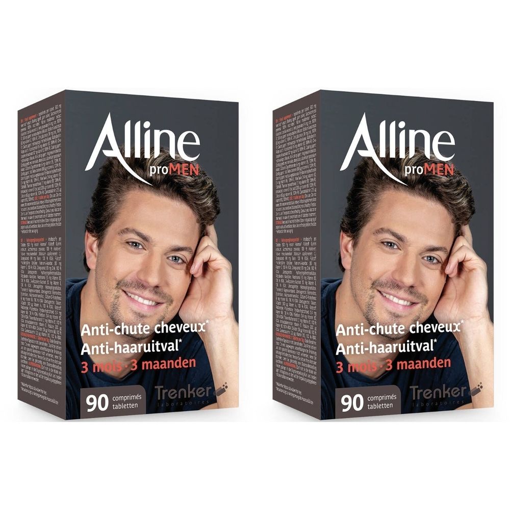 Deux boîtes Alline proMEN. Inscription : Anti-chute cheveux, 90 comprimés. Marque Trenker. Image d'un homme.