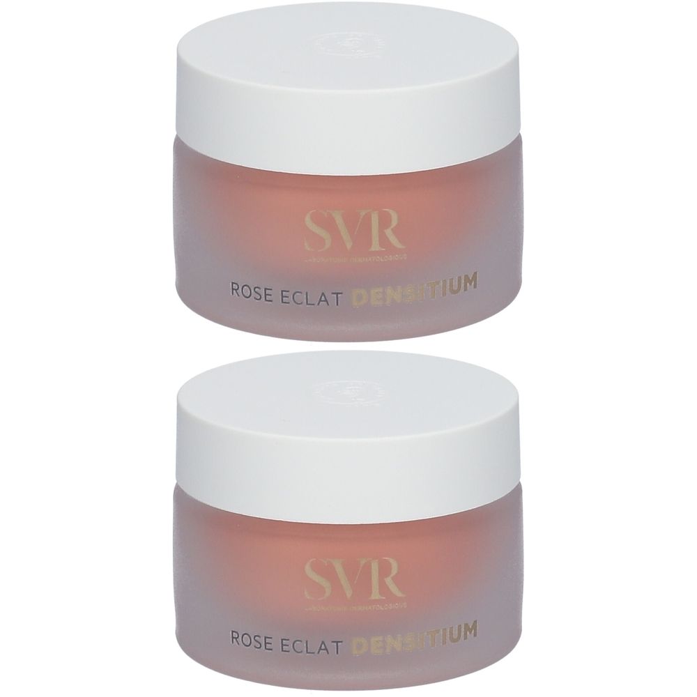 Deux pots avec couvercles blancs et contenu rose. Inscription "SVR ROSE ECLAT DENSITIUM" sur les pots.