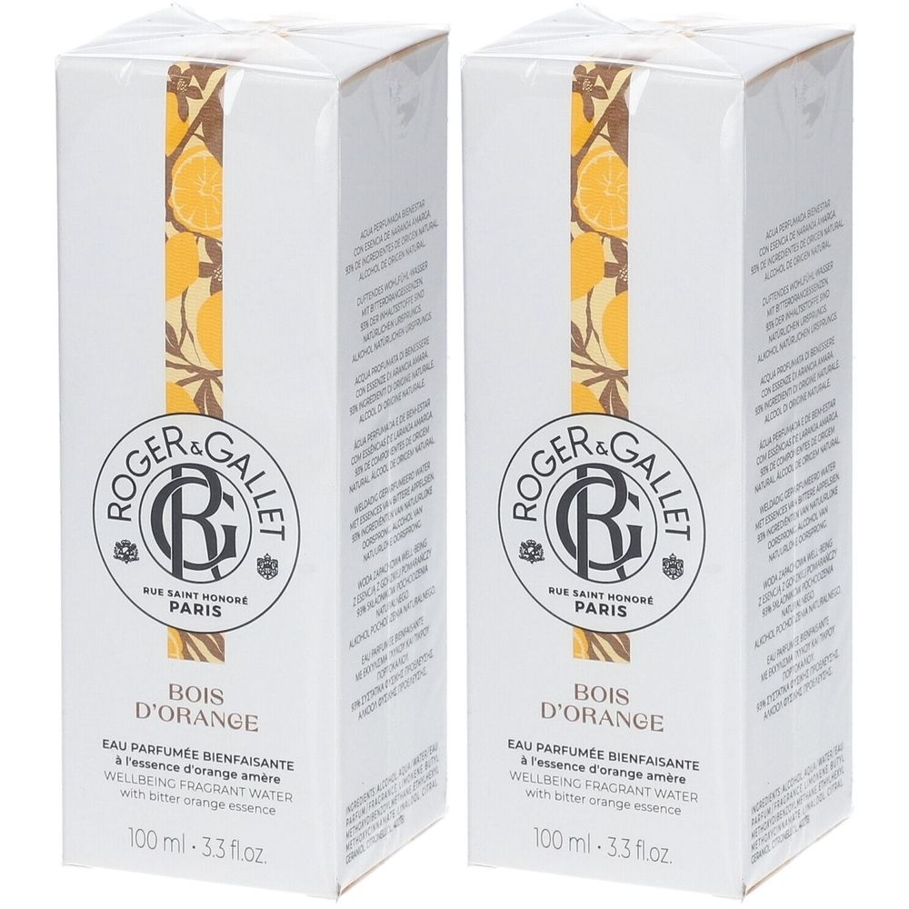 Deux boîtes blanches avec informations produit. Inscription: ROGER & GALLET, BOIS D'ORANGE. Avec illustrations d'oranges.